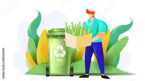 A man sorts trash and throw it in the trash for waste glass.