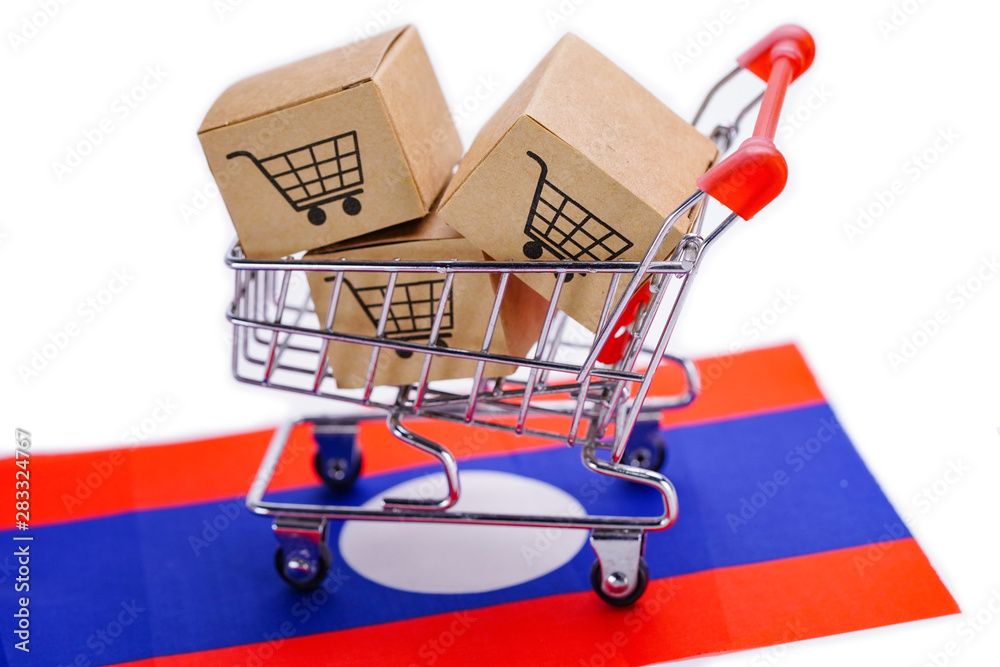 Box with shopping cart logo and Laos flag : Import Export Shopping online or eCommerce delivery service store product shipping, trade, supplier concept.