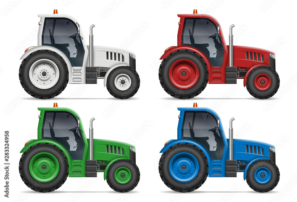 Agricultural tractor with side view isolated on white background. All elements in the groups on separate layers for easy editing and recolor Agricultural tractor with side view isolated on white background. All elements in the groups on separate layers for easy editing and recolor