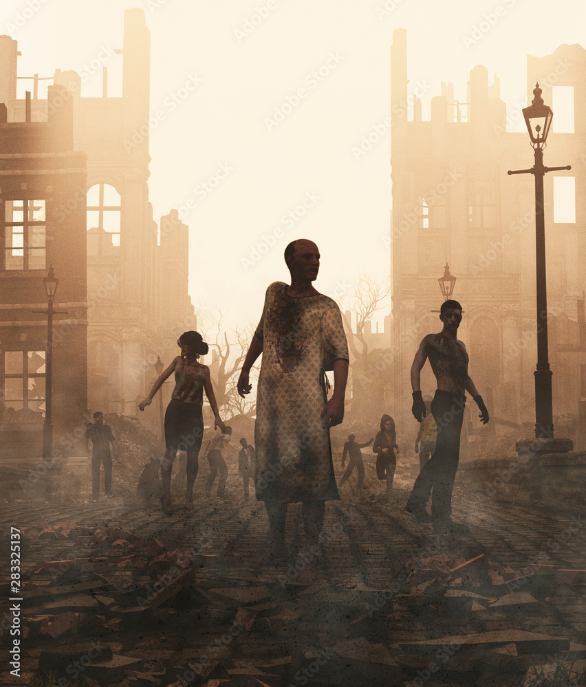 Zombies horde in ruined city after an outbreak,3d illustration for book cover