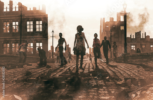 Zombies horde in ruined city after an outbreak,3d illustration for book cover photo