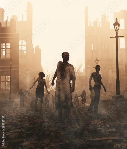 Картината върху платно Zombies horde in ruined city after an outbreak,3d illustration for book cover