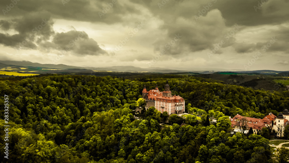 Aerial view of baroque castle Ksiaz  in Walbrzych, the biggest castle in Poland