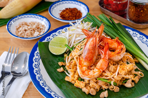 Homemade food, Thai food Pad Thai with shrimp, Thai style noodles.