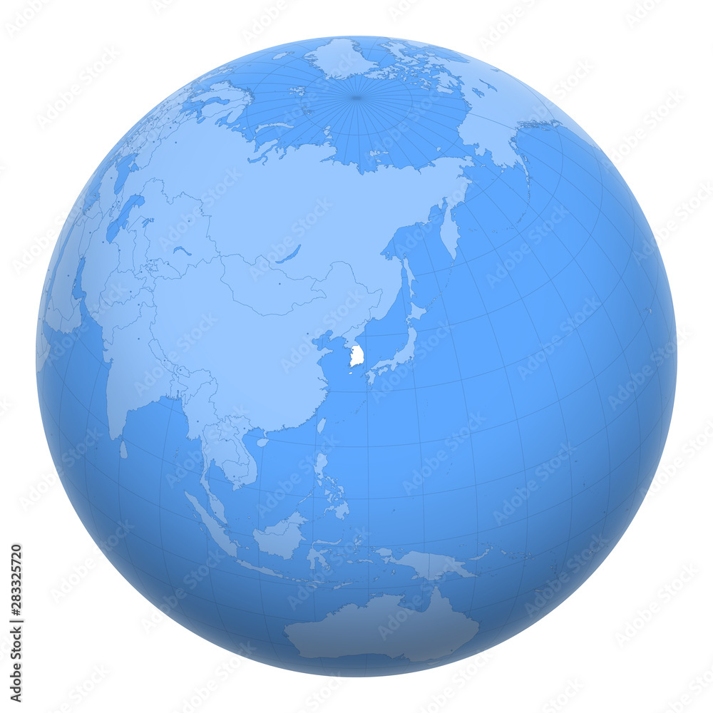 South Korea on the globe. Earth centered at the location of the Republic of Korea. Map of South Korea. Includes layer with capital cities. South Korea on the globe. Earth centered at the location of the Republic of Korea. Map of South Korea. Includes layer with capital cities.