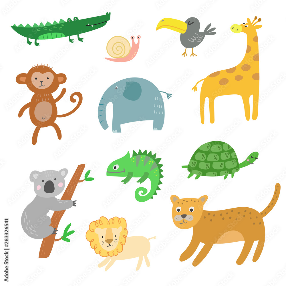 African animals, jungle tropical animals clipart, isolated vector set ...