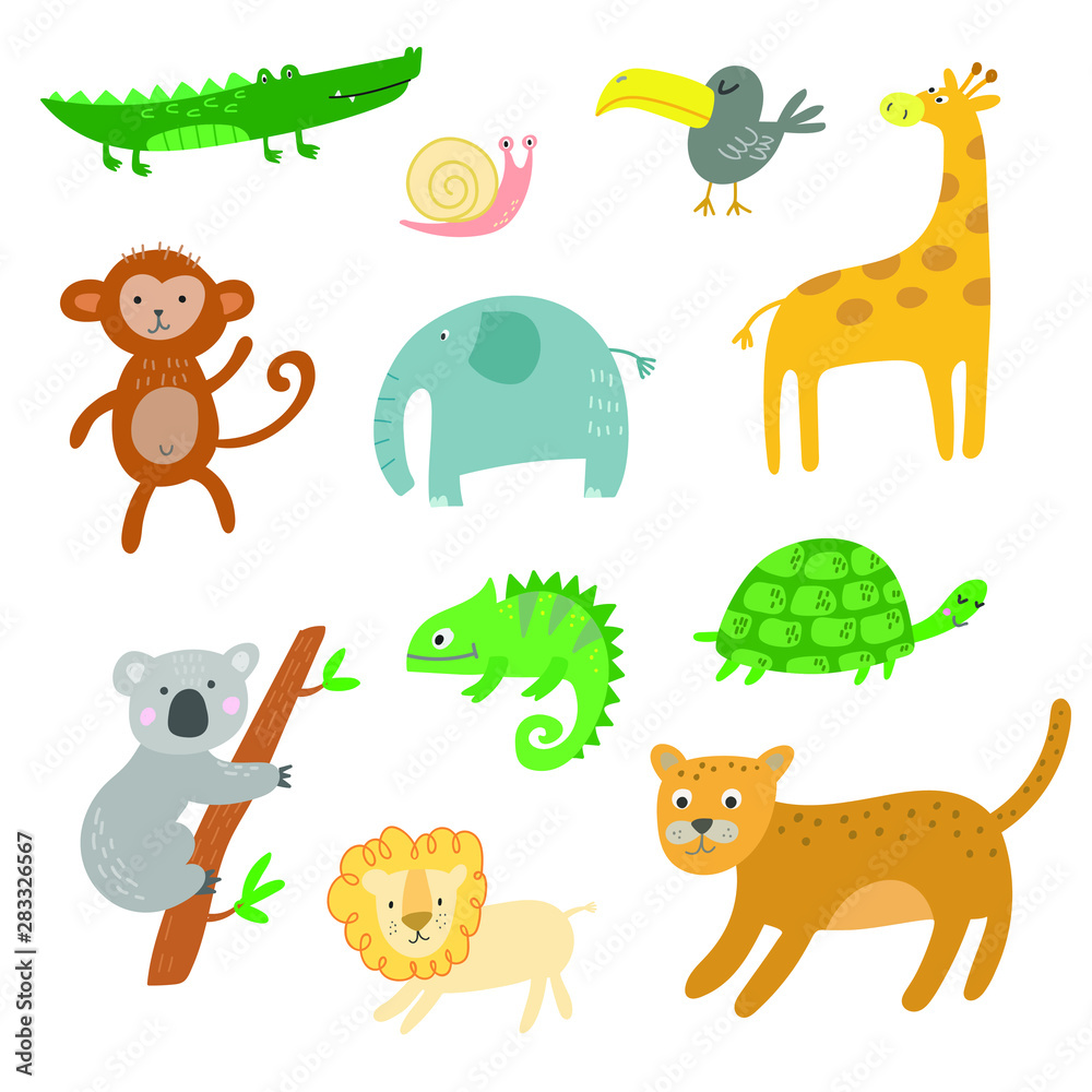 Fototapeta premium African animals, jungle tropical animals clip art, isolated vector set