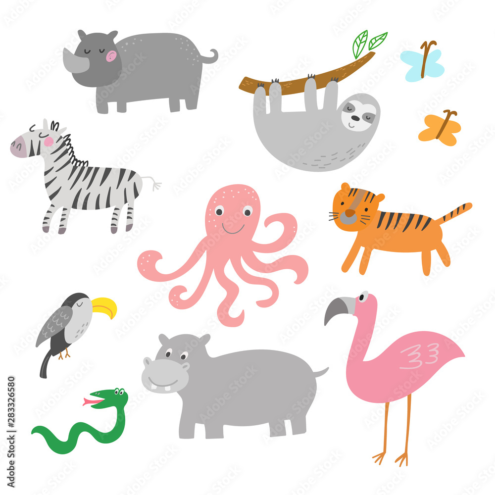 Obraz premium African animals, jungle tropical animals clipart, isolated vector set