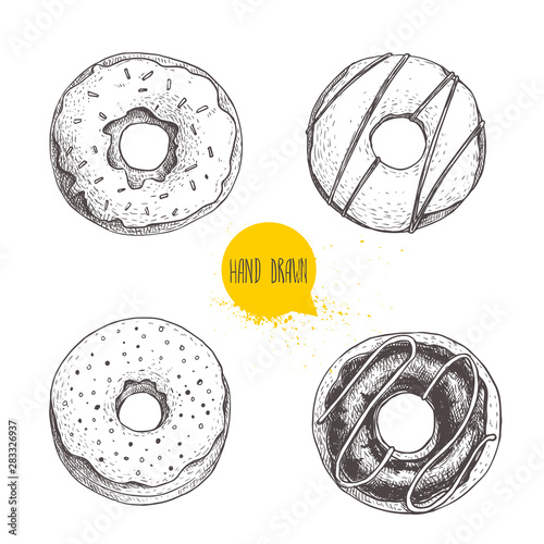 Sweet dessert donuts. Hand drawn sketch style illustration. Glazed, iced sweet doughnut with chocolate. Fresh bakes. Vector illustration isolated on white background.