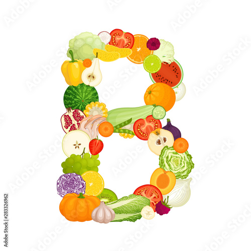 Fototapeta Naklejka Na Ścianę i Meble -  Letter B made from vegetables and fruits. Vector illustration in cartoon style. Template on the theme of healthy eating. Food laid out in the shape of a letter b.
