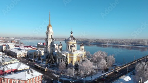 Snowy city in winter and river pier