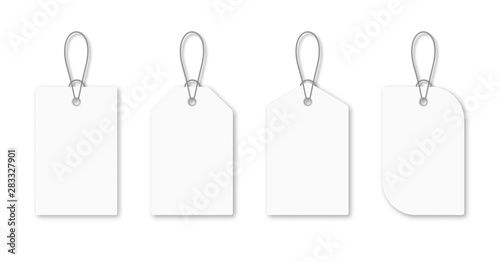 Set of blank white tags with rope. White shopping labels and price tags in different shapes. Mockup and template for paper price tag