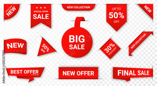 Set of new stickers, sale tags and labels. Shopping stickers and badges for merchandise and promotion, special offer, new collection, discount etc. Red stickers for web banners with transparent shadow photo
