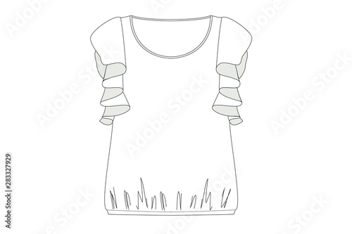 3D illustration of girl tank top. Technical drawing. Fashion sketch. Vector line art. Clothing template isolated on white background.