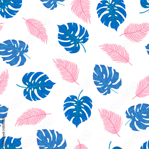 Pattern of tropical leaves in blue and pink