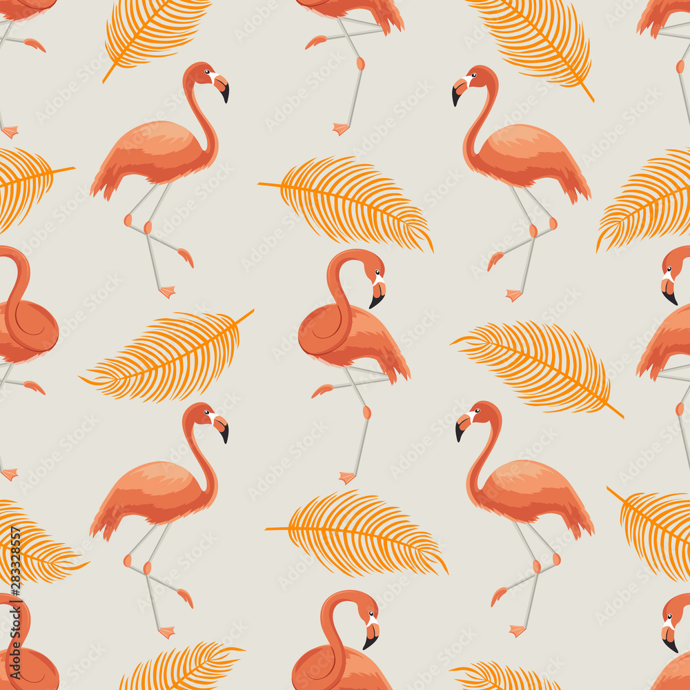 Obraz premium Seamless pattern of orange flamingos and leaves
