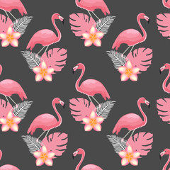 Fototapete Flamingomuster Flamingos und tropische Pflanzen Muster  © Оксана Юшкова