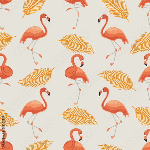 Seamless pattern of orange flamingos and leaves © Оксана Юшкова