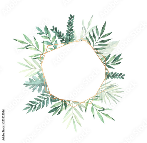 Watercolor illustration. Summer tropical label with gold frames. Composition with Tropical palm leaves (monstera, areca, fan, banana). Perfect for wedding invitations, prints, postcards, posters