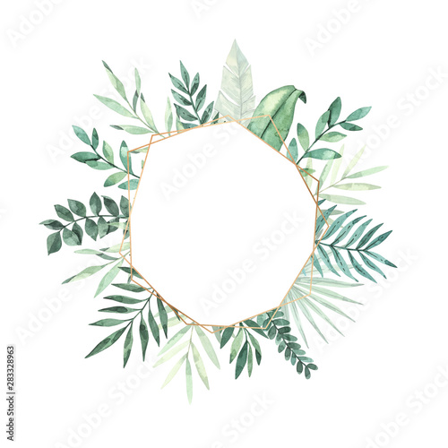 Watercolor illustration. Summer tropical label with gold frames. Composition with Tropical palm leaves (monstera, areca, fan, banana). Perfect for wedding invitations, prints, postcards, posters