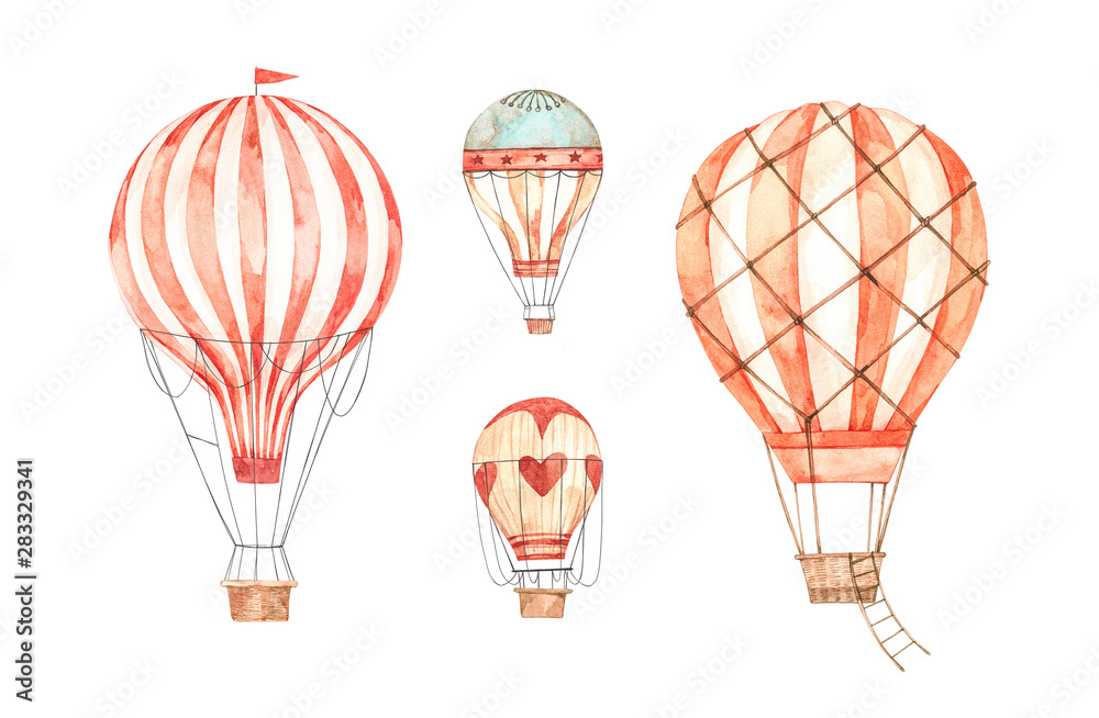 Obraz premium Hand drawn watercolor illustration - hot air balloons in the sky. Collection with retro airship. Perfect for baby prints, children posters, home decor, invitations etc