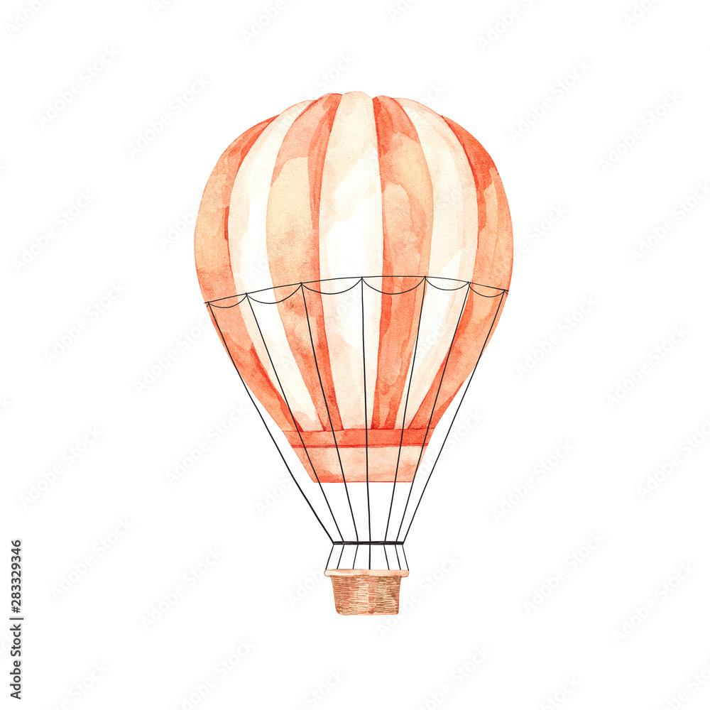 Obraz premium Hand drawn watercolor illustration - hot air balloon in the sky. Retro airship. Perfect for baby prints, children posters, home decor, invitations etc