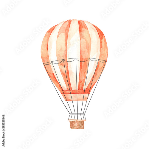 Hand drawn watercolor illustration - hot air balloon in the sky. Retro airship. Perfect for baby prints, children posters, home decor, invitations etc