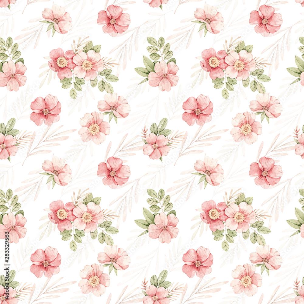 Watercolor botanical Seamless pattern. Background with pink dog-rose blossom (Gentle rose, bud, branches and green leaves). Perfect for wrapping paper, fabric, textile, wedding invitations, packing Watercolor botanical Seamless pattern. Background with pink dog-rose blossom (Gentle rose, bud, branches and green leaves). Perfect for wrapping paper, fabric, textile, wedding invitations, packing