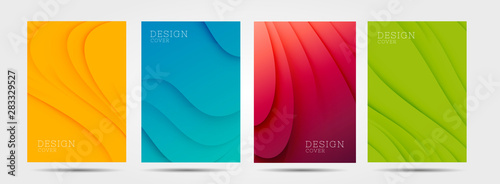 Set of colourful posters with abstract waves graphic in four colours: yellow, red, blue, green