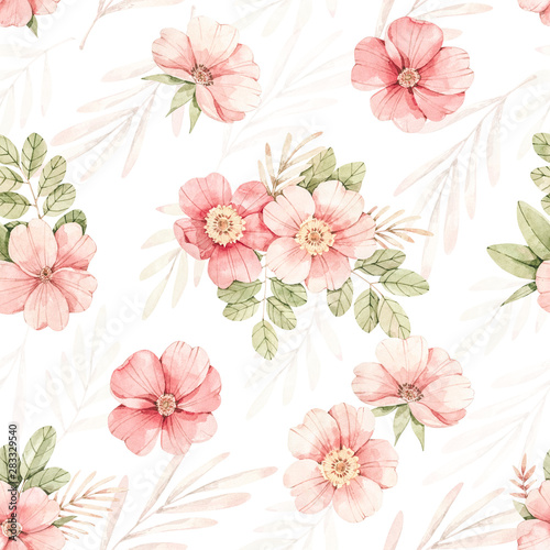 Watercolor botanical Seamless pattern. Background with pink dog-rose blossom (Gentle rose, bud, branches and green leaves). Perfect for wrapping paper, fabric, textile, wedding invitations, packing
