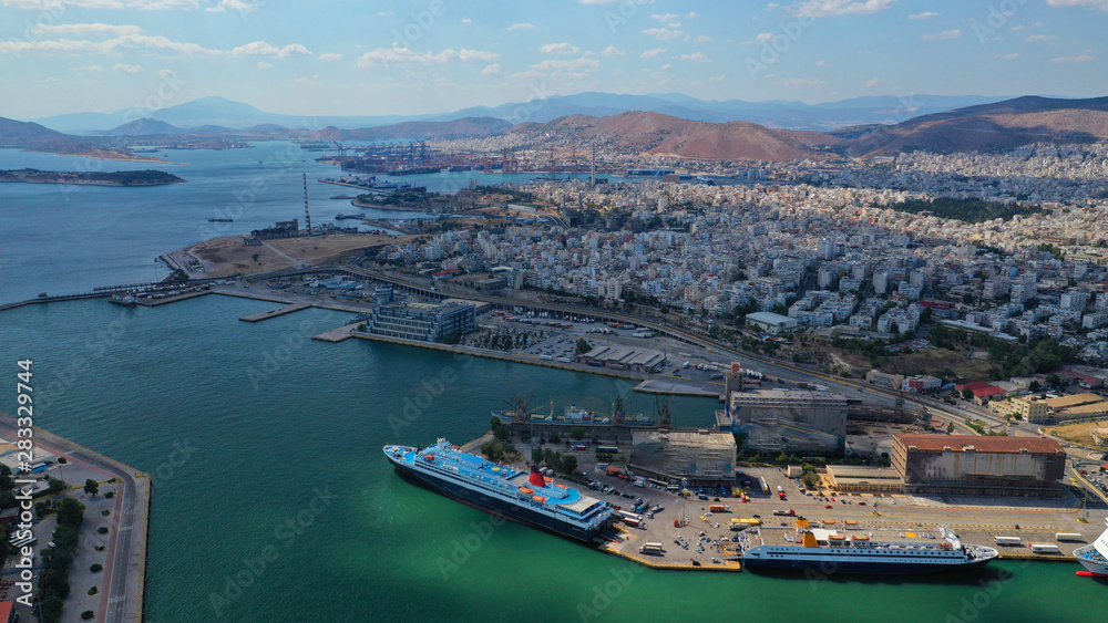 Aerial drone photo of famous area of Piraeus featuring busy port, Attica, Greece