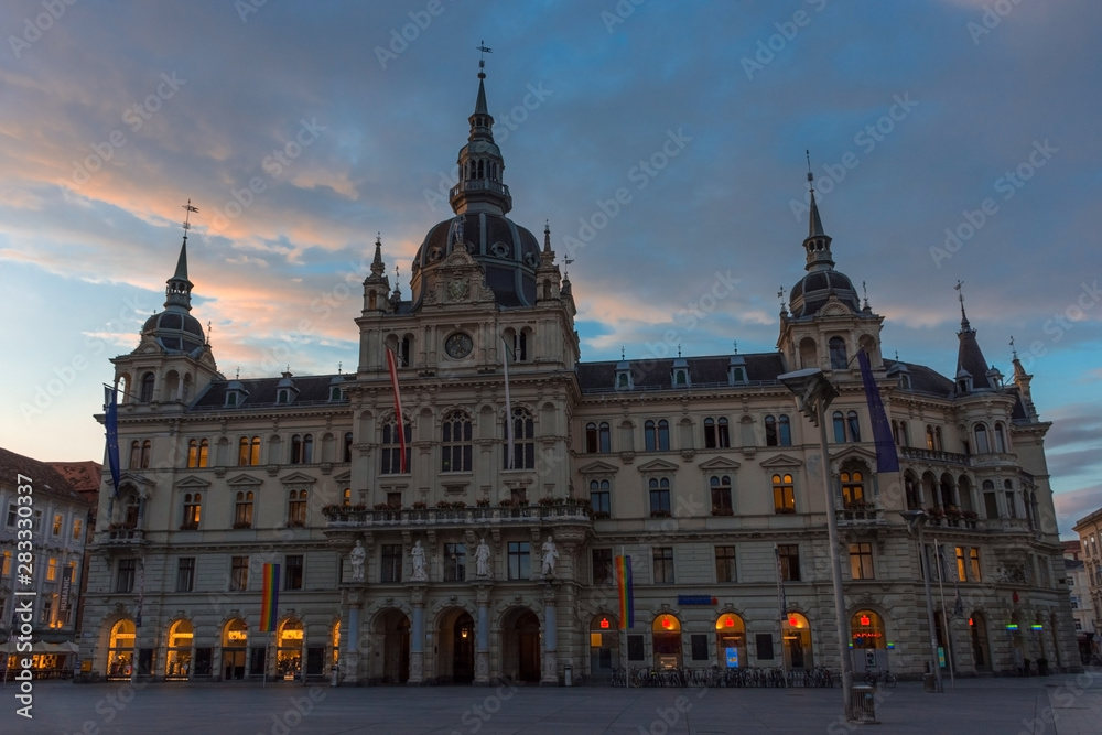 Fototapeta premium The Rathaus (town hall) before sunrise, in Graz, Styria region, Austria. Built in Renaissance style in 1565, is the home to the Styrian provincial government.