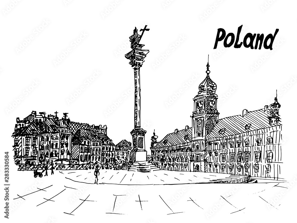 black and white postcard polish sketch style color
