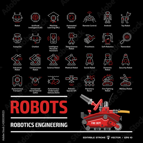 Robotics industry outline icon set on a black background with flat red fire fighting robot: artificial intelligence, machine learning, intelligent personal assistant & more editable stroke line signs.