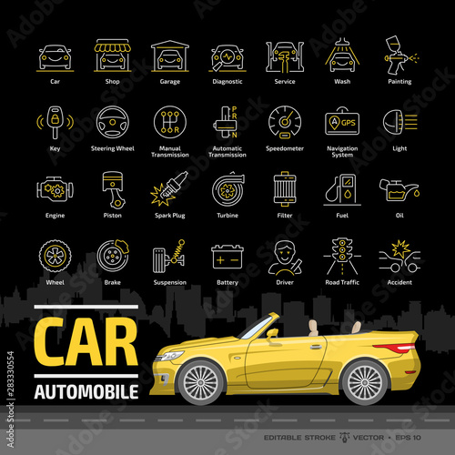 Car outline icon set on a black background with yellow convertible mockup and basic automotive symbols: automobile, auto service, wash & shop, vehicle repair, wheel & tyre editable stroke line signs.