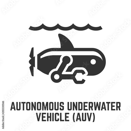 Autonomous underwater vehicle icon with AUV sea glider robor that travels undersea or research submersible glyph symbol.