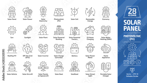 Solar panel outline icon set with sun power photovoltaic (PV) home system and renewable electric energy technology editable stroke line signs: house, cell, battery, vehicle, aircraft and spacecraft.