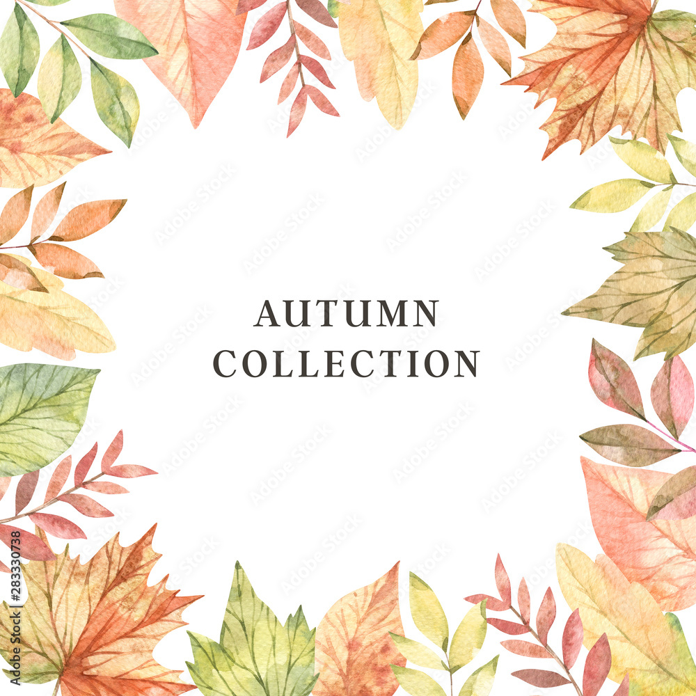 Fototapeta Hand drawn watercolor illustration. Frame with fall branches, maple leaves, orange and green foliage. Forest design elements. Autumn collection. Perfect for seasonal advertisement, invitations, cards