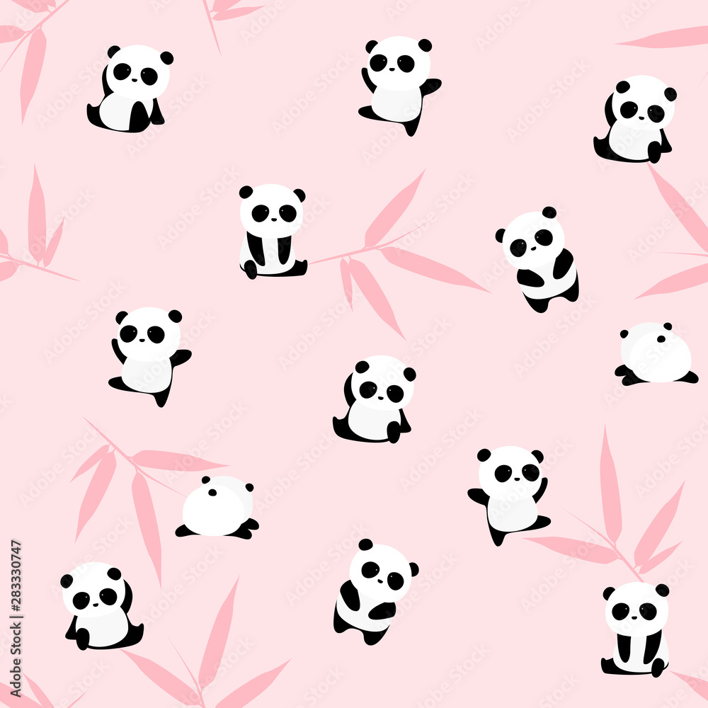 Cute cartoon panda bear seamless pattern, animals on background with bamboo leaf, for kids