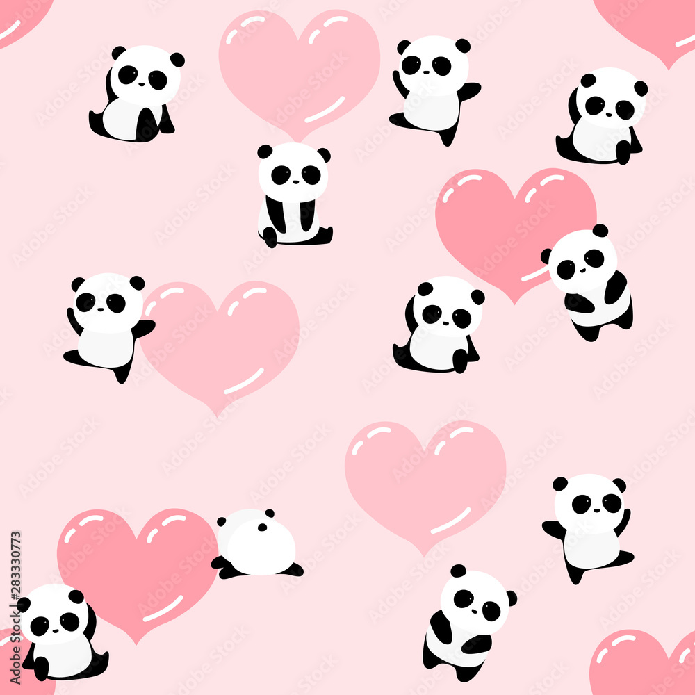 Cute cartoon panda bear seamless pattern, romantic animal background, for kids, for Valentine’s day