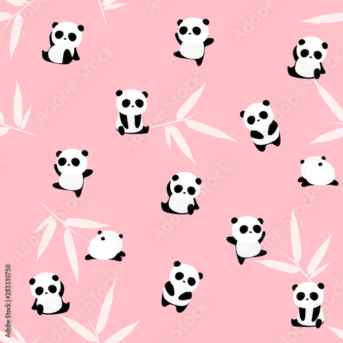 Fototapeta Naklejka Na Ścianę i Meble -  Cute cartoon panda bear seamless pattern, animals on background with bamboo leaf, for kids