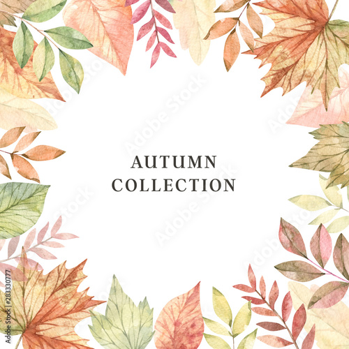 Hand drawn watercolor illustration. Frame with fall branches  maple leaves  orange and green foliage. Forest design elements. Autumn collection. Perfect for seasonal advertisement  invitations  cards