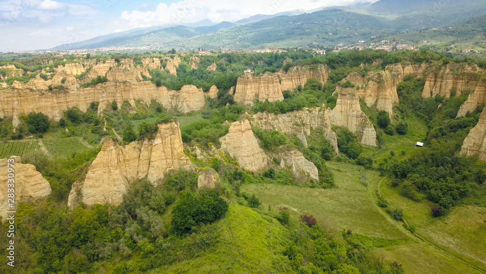 Aerial view of Le Balze canyon landscape in Valdarno, Italy