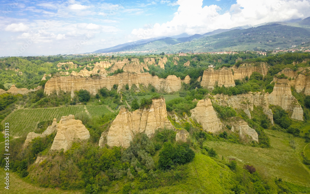 Aerial view of Le Balze canyon landscape in Valdarno, Italy