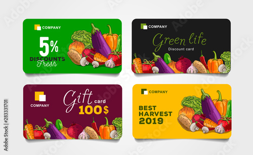 Set of discount cards for grocery food store with shopping basket illustration and discounts numbers