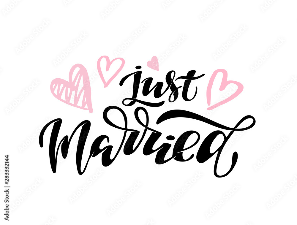 Just Married - cute hand drawn doodle lettering poster banner for invitation, banner