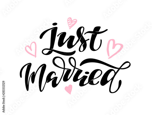 Just Married - cute hand drawn doodle lettering poster banner for invitation, banner