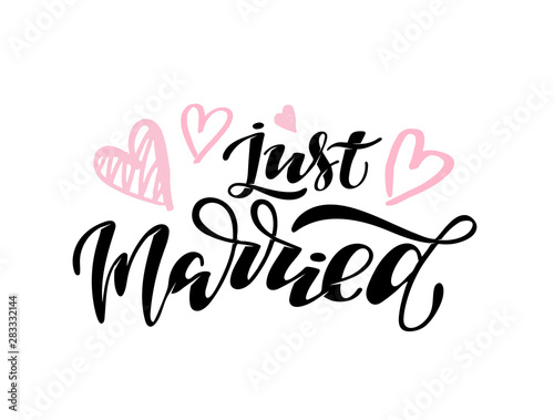 Just Married - cute hand drawn doodle lettering poster banner for invitation  banner