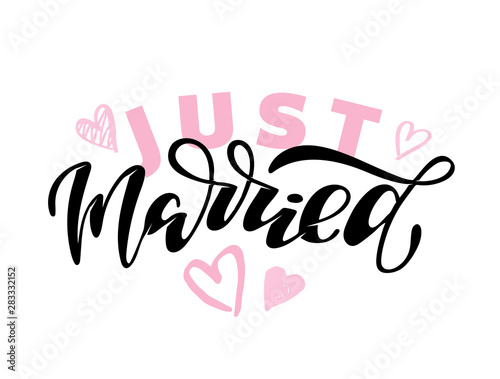 Just Married - cute hand drawn doodle lettering poster banner for invitation, banner