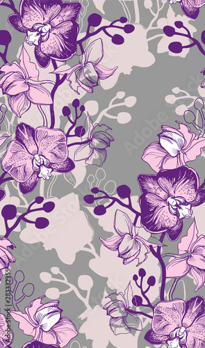Vector floral seamless pattern with orchids hand drawn flowers. Tropical botanical floristic manual graphic. Perfect for floristic design postcard  wallpaper  posters  textile  fabric.